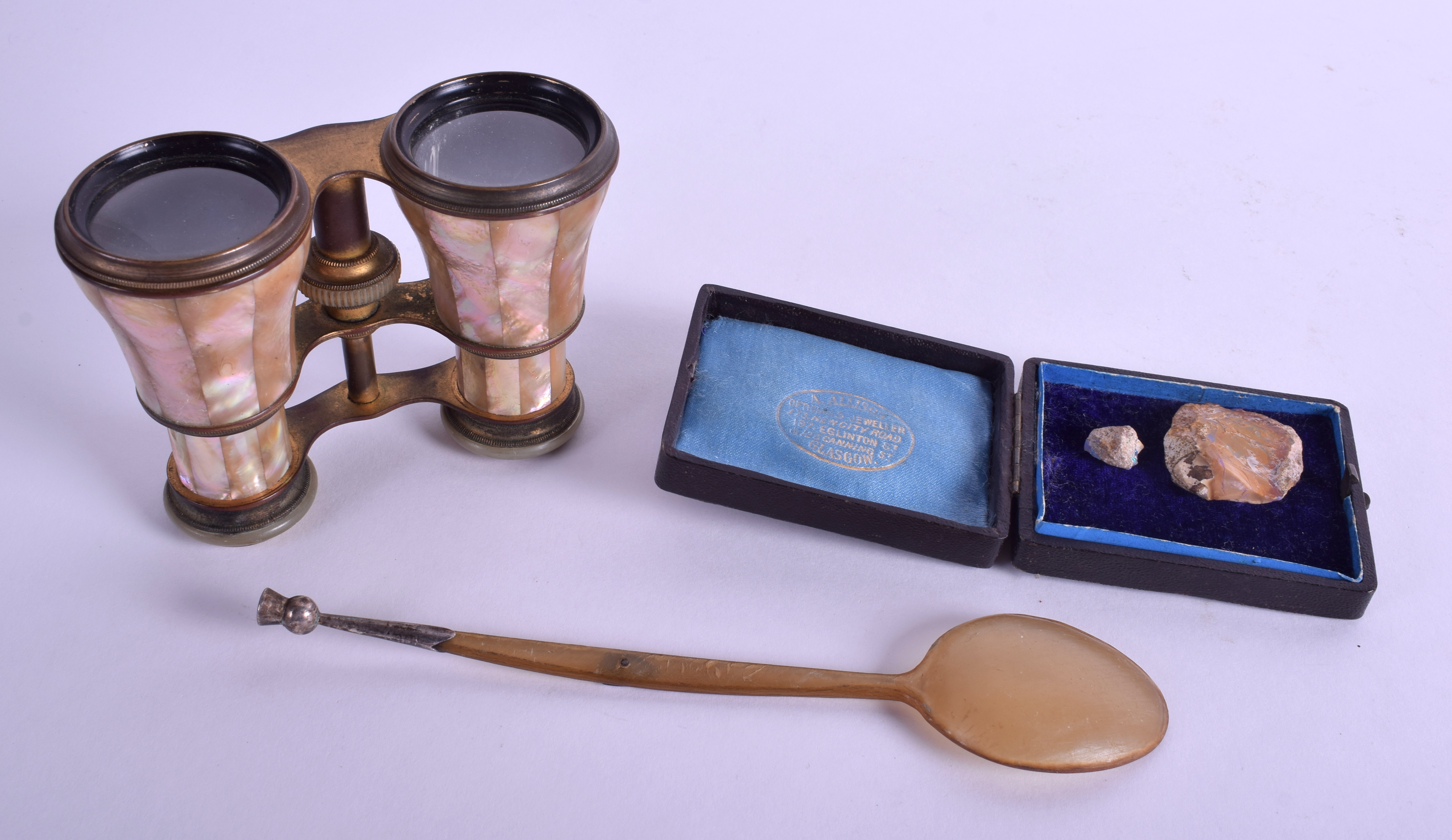 A PAIR OF ANTIQUE MOTHER OF PEARL OPERA GLASSES together with a horn & silver spoon & two opal frag - Image 2 of 2