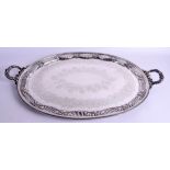A FINE LARGE VICTORIAN NEO CLASSICAL TWIN HANDLED SILVER TRAY decorated with trailing vines and fol