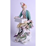 AN 18TH CENTURY DERBY PORCELAIN TABLE SWEETMEAT FIGURE modelled holding a basket over a hound. 21 c
