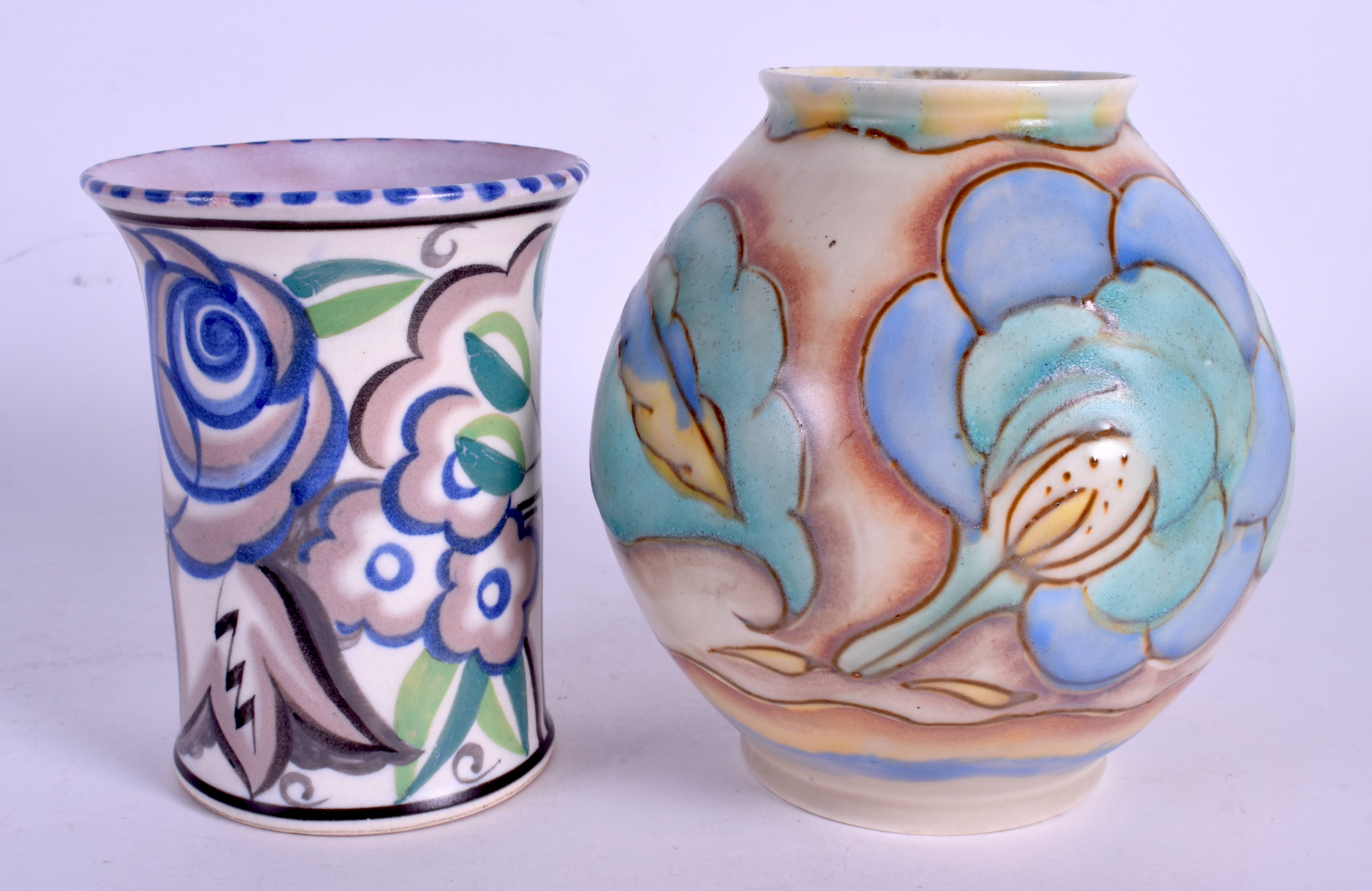 AN ART DECO POOLE VASE together with a similar Carlton ware vase. 12 cm & 14 cm high. (2) - Image 2 of 3