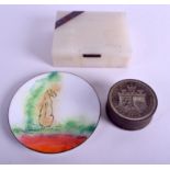 AN ART DECO MARBLE AND LAPIS LAZULI CIGARETTE BOX together with an enamel dish and cast iron stamp