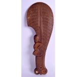 A MAORI TRIBAL SOUTHSEA ISLANDS CARVED WOOD AND ABALONE SHELL CLUB. 40 cm x 14 cm.