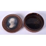 A FINE 18TH CENTURY GOLD INLAID TORTOISESHELL SNUFF BOX painted with a portrait dated 1787. 6.25 cm