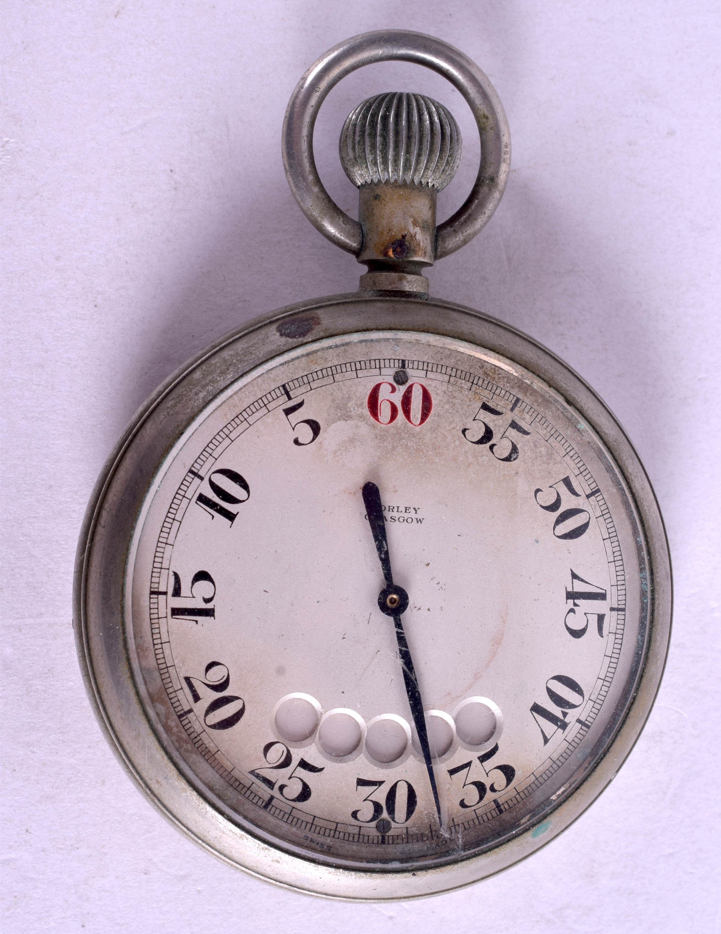 A RARE AND UNUSUAL ANTIQUE SORLEY GLASGOW STOP WATCH with revolving red dots within the dial. 5.75