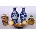 A PAIR OF CHINESE BLUE AND WHITE PORCELAIN BALUSTER VASE, together with a satsuma vase, snuff bottl