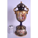 A LARGE EARLY 20TH CENTURY VIENNA PORCELAIN VASE AND COVER painted with classical scenes upon a gil