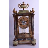 A 19TH CENTURY FRENCH ONYX CHAMPLEVÉ ENAMEL AND ORMOLU MANTEL CLOCK decorated with foliage. 40 cm x