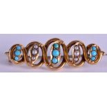 AN ANTIQUE 15CT GOLD TURQUOISE AND PEARL BROOCH. 4.8 grams. 3.75 cm wide.