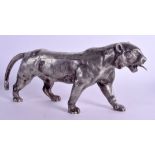 A VERY RARE ANTIQUE CONTINENTAL SILVER AUTOMATON SINGING BIRD BOX in the form of a prowling tiger.