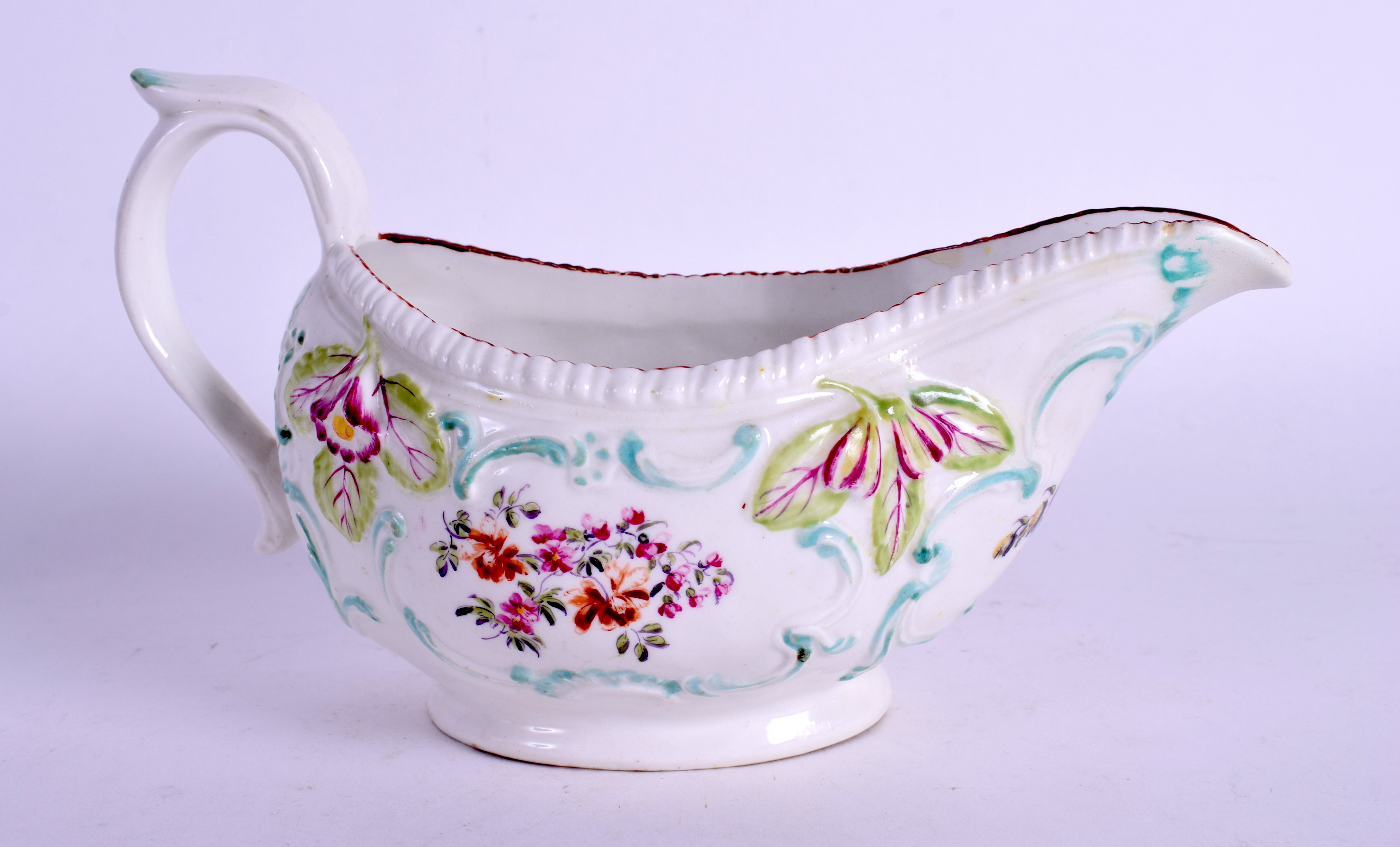 AN 18TH CENTURY DERBY SAUCEBOAT painted with flowers by the Cotton Stem painter, moulded with flowe - Image 2 of 3