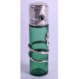 A RARE ANTIQUE SILVER GREEN GLASS SCENT BOTTLE overlaid with a snake. 7 cm high.