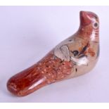 AN UNUSUAL PAINTED TERRACOTTA POTTERY FIGURE OF A BIRD painted with birds and foliage. 15 cm wide.