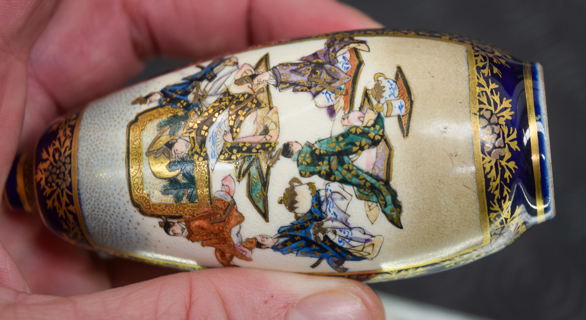 A FINE 19TH CENTURY JAPANESE MEIJI PERIOD SATSUMA CONICAL VASE painted with figures within landscap - Image 8 of 8