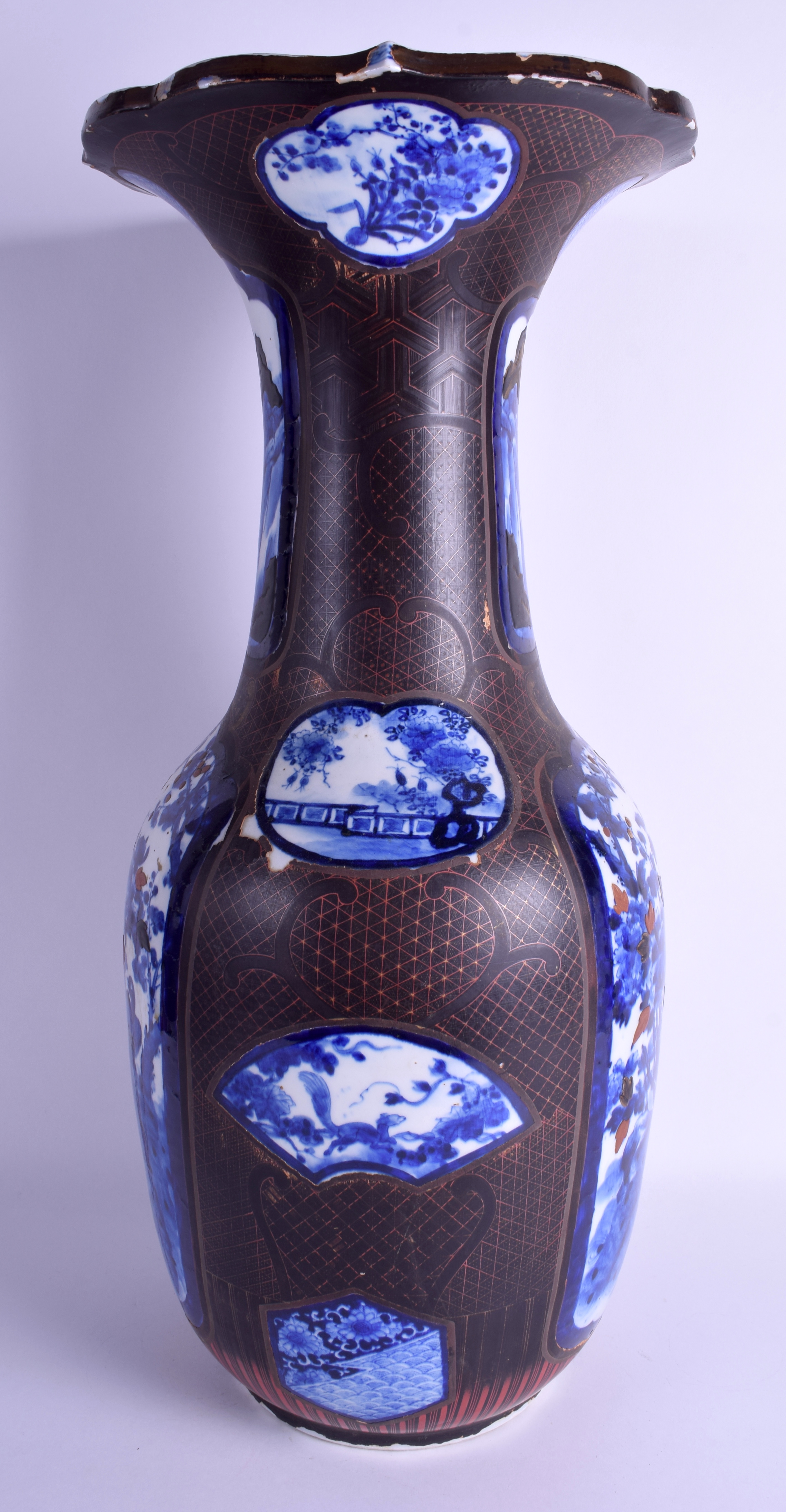 A LARGE 19TH CENTURY JAPANESE MEIJI PERIOD BLUE AND WHITE VASE lacquered with black and red motifs. - Image 4 of 6