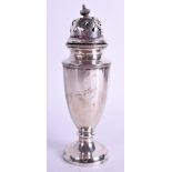 A WALKER AND HALL SILVER SUGAR CASTER. 3.4 oz. 16 cm high.