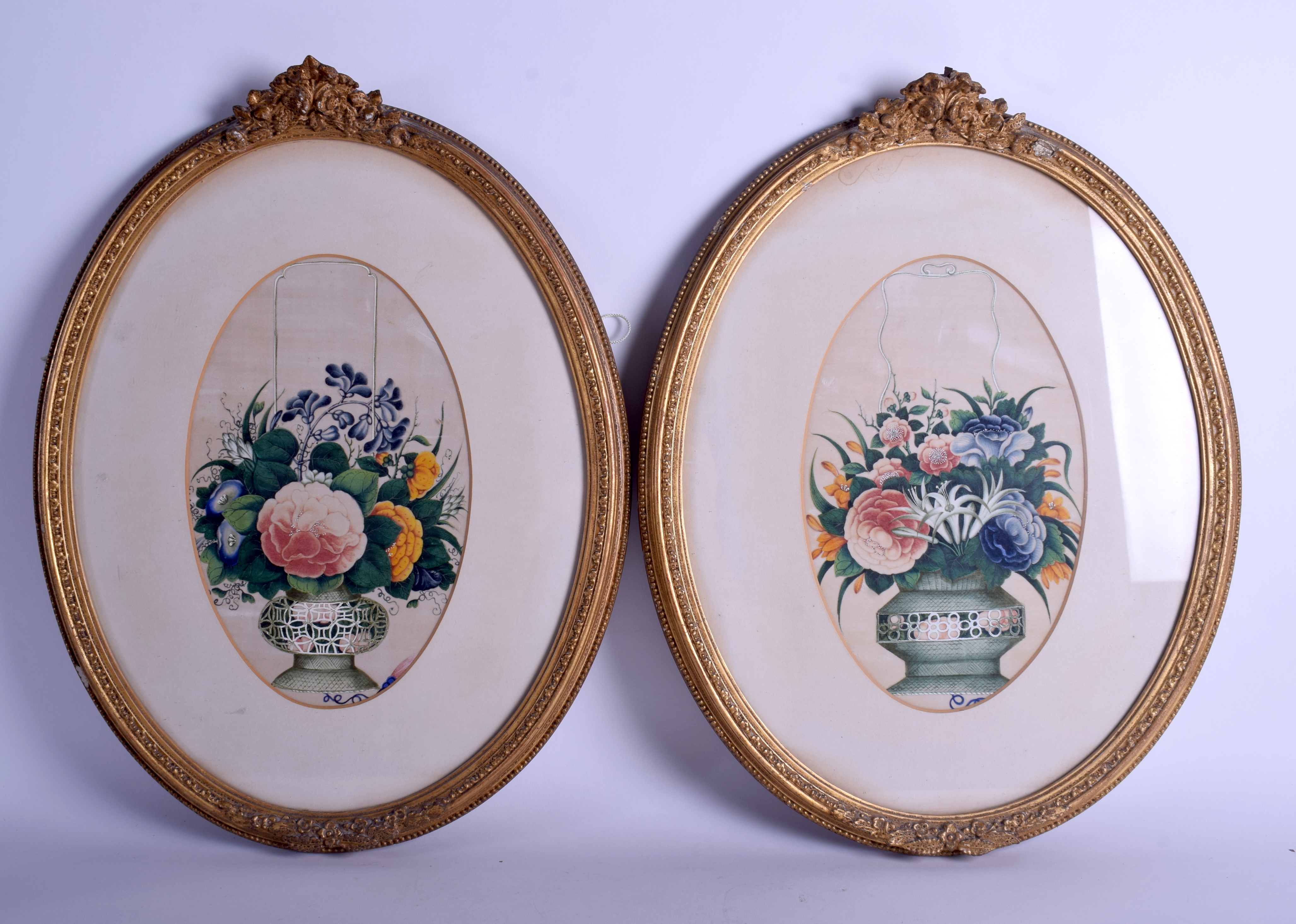 A LARGE PAIR OF 19TH CENTURY CHINESE FRAMED PITH PAPER WATERCOLOURS Qing, painted with floral bouqu