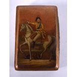 A RARE ANTIQUE SILVER AND PAINTED LACQUER MILITARY SNUFF BOX depicting a male on horse back. 9 cm x