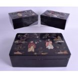 A PAIR OF EARLY 20TH CENTURY CHINESE BLACK LACQUER HARDSTONE BOXES AND COVERS together with a simil