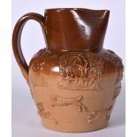 A LATE 19TH CENTURY STONEWARE FOX HUNTING JUG, decorated with hunting scenes. 17.5 cm x 17 cm.