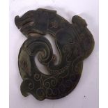 A CHINESE GREEN JADE CARVING, in the form of a mythical beast with a ram upon its back. 12 cm x 10