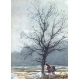 TOM SCOTT (1854-1927) FRAMED WATERCOLOUR, signed, a horse beside a tree in a landscape, label with