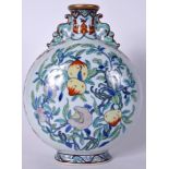 A LARGE CHINESE DOUCAI PORCELAIN MOONFLASK BEARING QIANLONG MARKS, painted with fruiting vines and