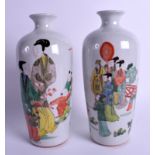 A PAIR OF CHINESE FAMILLE VERTE PORCELAIN VASES 20th CENTURY, painted with figures within a red fen
