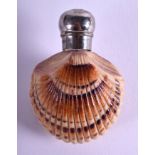 A RARE 19TH CENTURY SALT GLAZED PORCELAIN SCENT BOTTLE in the form of a shell, with silver plated m