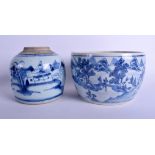 AN 18TH/19TH CENTURY CHINESE BLUE AND WHITE BASIN together with a provincial ginger jar. 22 cm & 14