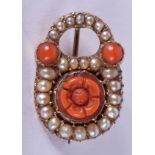 A LATE VICTORIAN/EDWARDIAN GOLD PEARL AND CORAL LOCKET BROOCH. 1.5 cm x 2 cm.