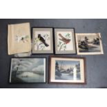 A PAIR OF TAXIDERMY TYPE FEATHER PICTURES OF BIRDS, together with various asian pictures. (qty)