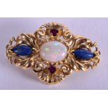 A LOVELY 18CT GOLD DIAMOND RUBY OPAL AND SAPPHIRE BROOCH. 9.6 grams. 3.5 cm x 2 cm.