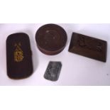 A CIRCULAR WOODEN TREEN BOX, together with a spectacles case etc. (4)