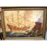 AN ANTIQUE FRAMED MARITIME PRINT, “The Tudor Navy Galleon H.M.S Ark Royal”. 70 cm x 51 cm.