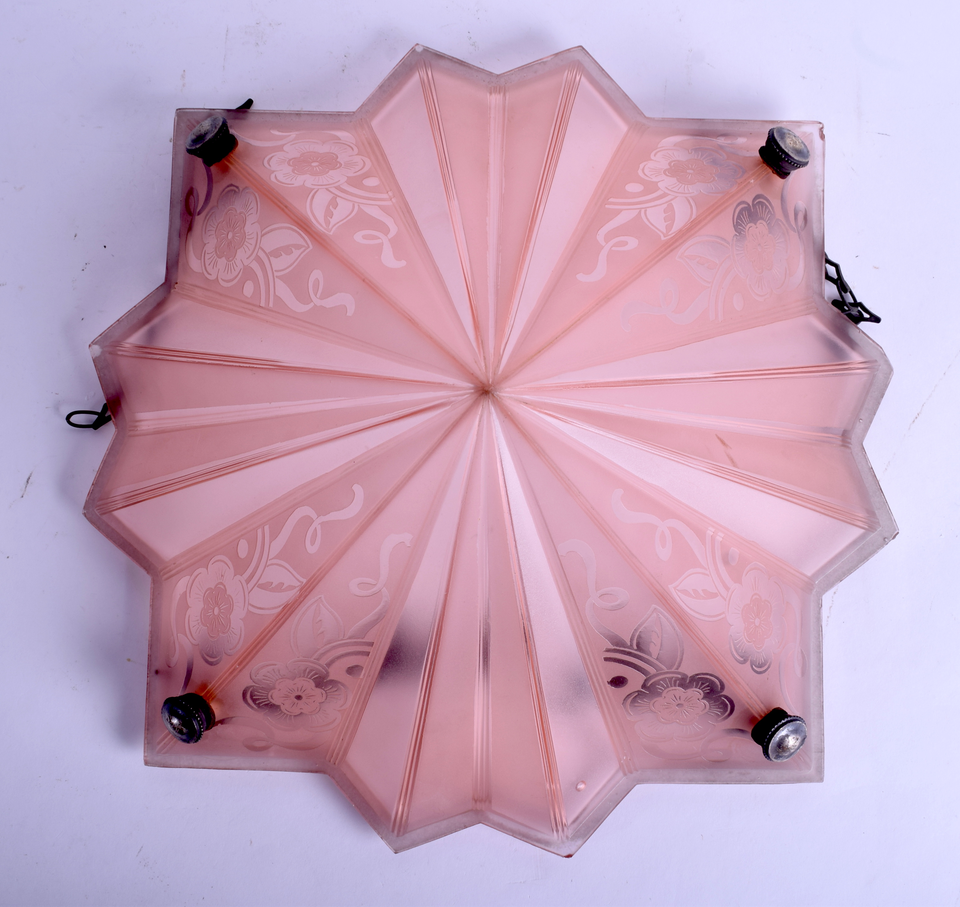 A 1940S PINK GLASS HANGING PENDANT LAMP decorated with foliage. 28 cm x 28 cm. - Image 3 of 3