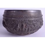A GOOD 19TH CENTURY INDIAN RANGOON LONDON SILVER EMBOSSED BOWL decorated with hunting scenes. 28.6
