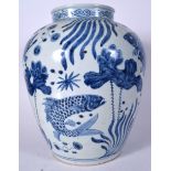 A LARGE CHINESE BLUE AND WHITE PORCELAIN VASE BEARING XUANDE MARKS, painted with fish swimming amon