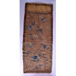 A 19TH CENTURY CHINESE PEACH ORANGE SILKWORK RECTANGULAR PANEL possibly a cover, decorated with fol