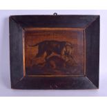 A PAIR OF 18TH/19TH CENTURY CONTINENTAL OIL ON CANVAS depicting grappling animals. Image 26 cm x 22