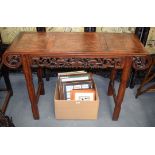 A GOOD MID 19TH CENTURY CHINESE CARVED HONGMU AND BURR WOOD ALTAR TABLE Qing. 120 cm x 42 cm x 82