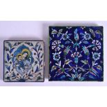 TWO MIDDLE EASTERN IZNIK TYPE POTTERY TILES possibly Palestine. 15 cm & 12 cm square. (2)