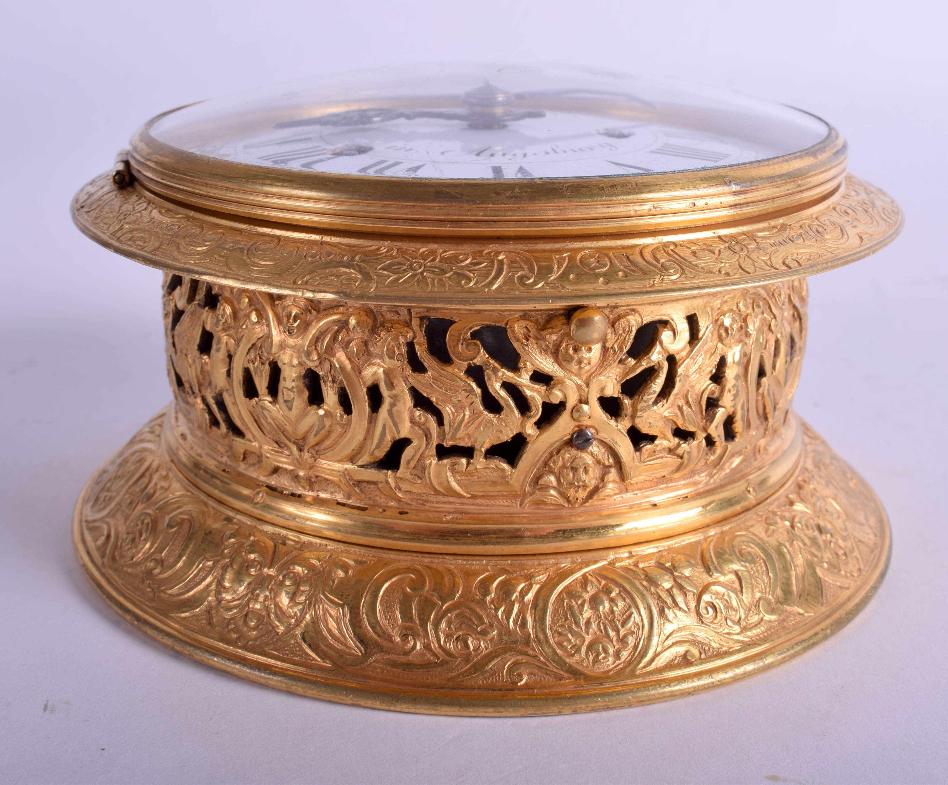 A RARE ANTIQUE GERMAN AUGSBURG GILT METAL STRIKING HORIZONTAL TABLE CLOCK by Schuster, the case dec - Image 2 of 18