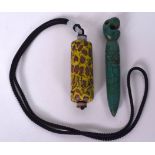 AN ISLAMIC AGATE TOP HARDSTONE PENDANT, together with a turquoise amulet. Largest 10.5 cm. (2)