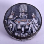 A RARE 18TH/19TH CENTURY LIMOGES ENAMEL SNUFF BOX painted with figures within an interior. 6.25 cm