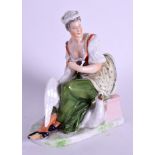 A 19TH CENTURY GERMAN SITZENDORF FIGURE OF A FEMALE modelled beside swans. 13 cm x 15 cm.