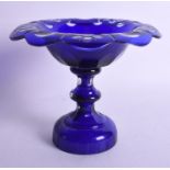 A BOHEMIAN BLUE FLASH GLASS PEDESTAL DISH. 15 cm high.