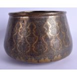 A 19TH CENTURY ISLAMIC MIDDLE EASTERN BRASS MAMLUK BOWL decorated with Kufic script. 20 cm x 14 cm.