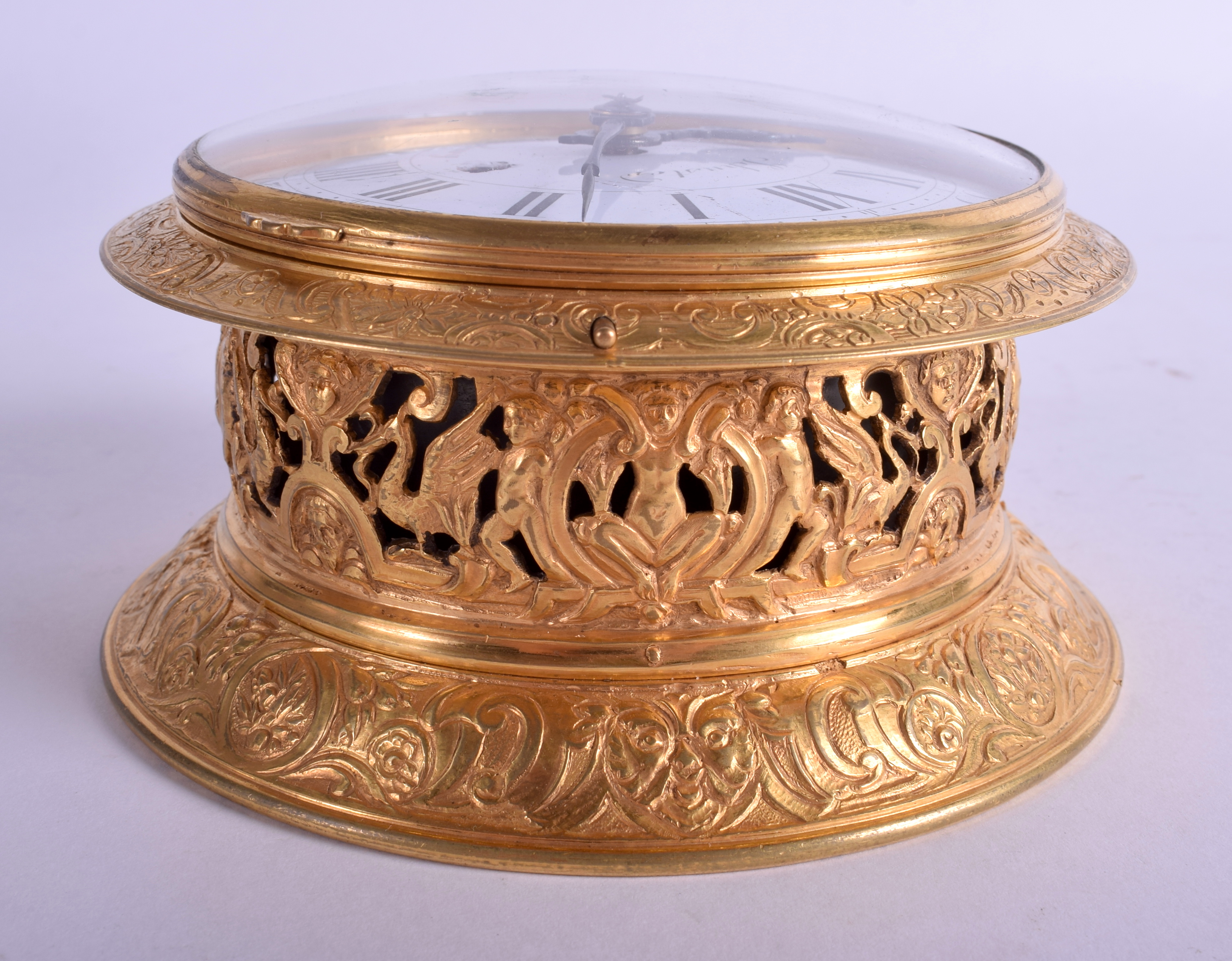 A RARE ANTIQUE GERMAN AUGSBURG GILT METAL STRIKING HORIZONTAL TABLE CLOCK by Schuster, the case dec - Image 3 of 18