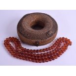 A FINE EARLY 20TH CENTURY CHINESE BAMBOO WICKER AMBER COURT NECKLACE BOX decorated with twisted mot