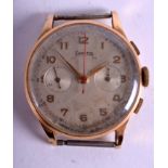 A 1950S 18CT GOLD EXACTUS CHRONOGRAPH WATCH. 38.5 grams overall. 3.5 cm diameter.